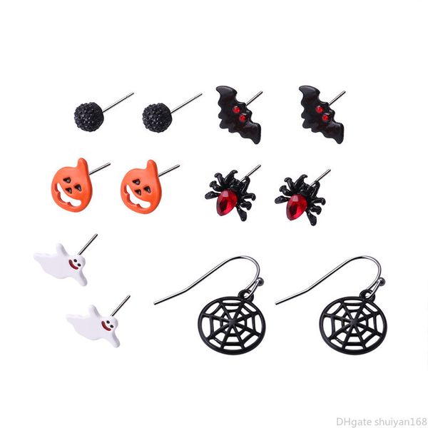 

halloween stud earring pumpkin ghost bat spider earrings sets 6pairs/set girls women ear studs party statement punk jewelry gifts, Golden;silver