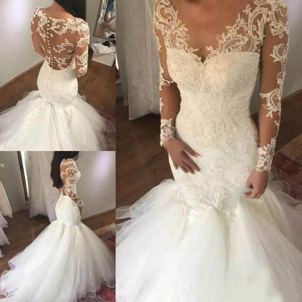illusion long sleeve mermaid wedding dresses sheer v neck lace appliques bridal gowns vestidos de novia plus size wedding gowns, White
illusion long sleeve mermaid wedding dresses sheer v neck lace appliques bridal gowns vestidos de novia plus size wedding gowns, White