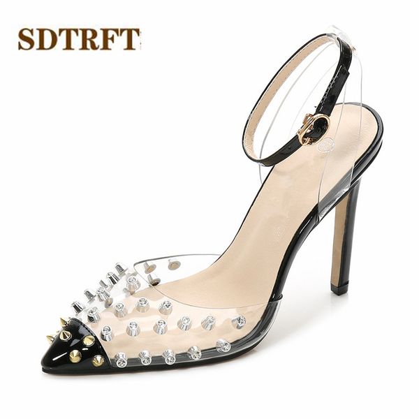 sdtrft summer rivets shoes woman 11cm thin high-heeled pointed toe stripper transparent sandals buckle narrow band sliver pumps, Black
sdtrft summer rivets shoes woman 11cm thin high-heeled pointed toe stripper transparent sandals buckle narrow band sliver pumps, Black