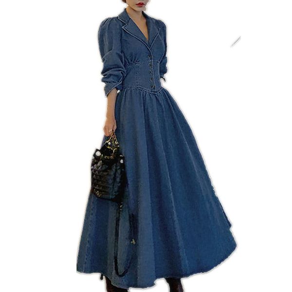 spring autumn vintage puff sleeve denim dress women v-neck high waist slim big swing long a-line dress, Black;gray
spring autumn vintage puff sleeve denim dress women v-neck high waist slim big swing long a-line dress, Black;gray