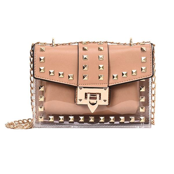 new fashion messenger bag chains shoulder bag female rivets transparent square pu handbag khaki
new fashion messenger bag chains shoulder bag female rivets transparent square pu handbag khaki