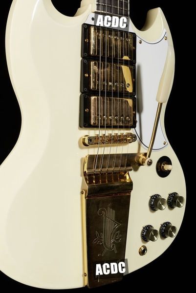 1963 sg custom classic white electric guitar long version maestro vibrola tremolo tailpiece & harpe logo, 3 humbucker pickup, gold hardware
1963 sg custom classic white electric guitar long version maestro vibrola tremolo tailpiece & harpe logo, 3 humbucker pickup, gold hardware
