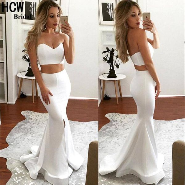 2020 white two piece prom dresses mermaid front slit satin floor length sweetheart neckline custom made simple evening party gowns, Black
2020 white two piece prom dresses mermaid front slit satin floor length sweetheart neckline custom made simple evening party gowns, Black