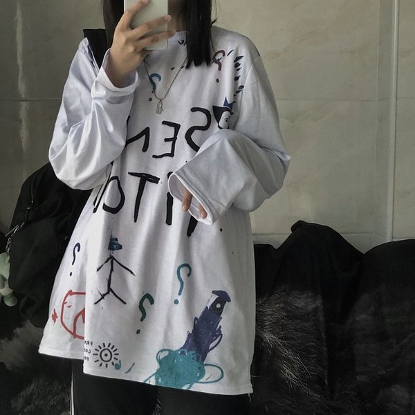 women graffiti printed loose long t-shirt hip hop streetwear long-sleeved preppy female friends 90s oversized tee shirt, White
women graffiti printed loose long t-shirt hip hop streetwear long-sleeved preppy female friends 90s oversized tee shirt, White