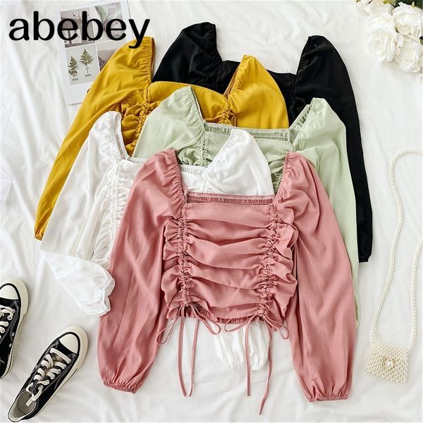women long sleeve square collar chiffon shirt lady thin rope solid color short crop h829, White
women long sleeve square collar chiffon shirt lady thin rope solid color short crop h829, White