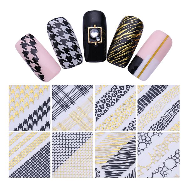 1pc 3d nail art sticker gold lattice houndstooth leopard stripe geometric moon star stripes wave line diy decals decoration, Black
1pc 3d nail art sticker gold lattice houndstooth leopard stripe geometric moon star stripes wave line diy decals decoration, Black
