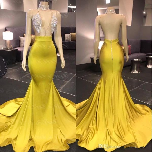 yellow halter satin mermaid long prom dresses 2020 sheer tulle beaded rhinestone backless formal party evening celebrity gowns bc3500, Black
yellow halter satin mermaid long prom dresses 2020 sheer tulle beaded rhinestone backless formal party evening celebrity gowns bc3500, Black