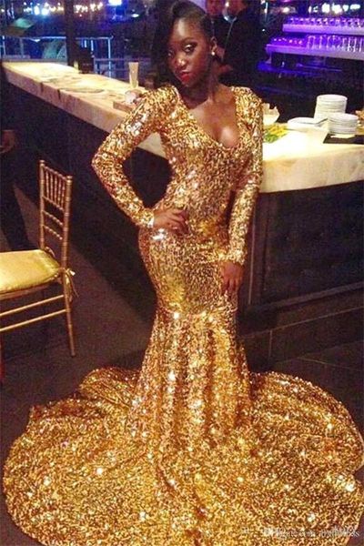 2019 new gold sequins long prom dresses v neck long sleeves mermaid formal party evening dresses a30, Black
2019 new gold sequins long prom dresses v neck long sleeves mermaid formal party evening dresses a30, Black