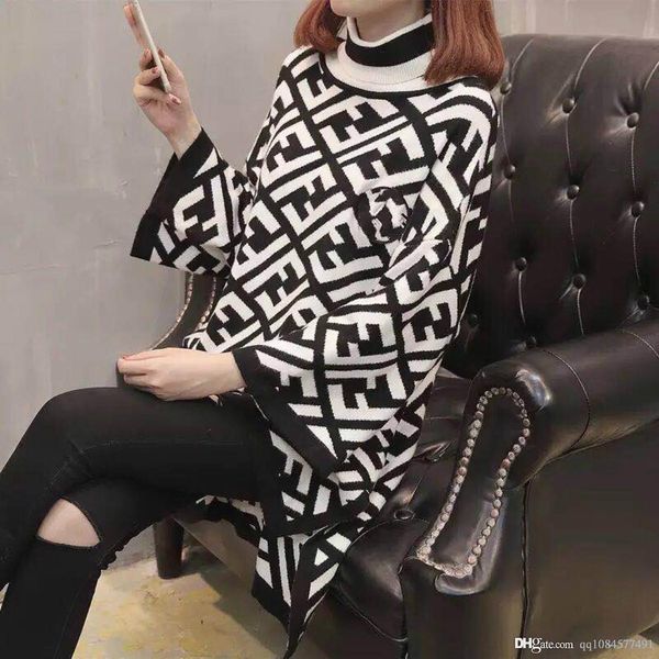 

2019 long sleeve women sweaters letter print applique side slit khaki white turtle neck designer pullover women clothings, White;black