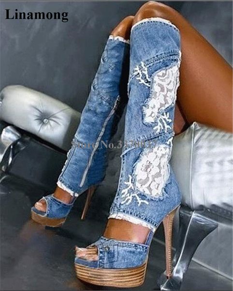 women new fashion peep toe blue denim knee high thin heel gladiator boots lace mesh platform long high heel jean boots, Black
women new fashion peep toe blue denim knee high thin heel gladiator boots lace mesh platform long high heel jean boots, Black