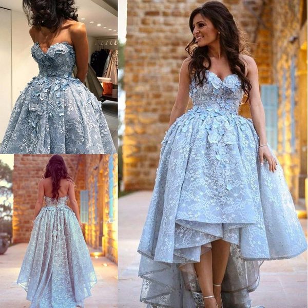 Hi-Lo Ball Gown Evening Dresses with Sweetheart Neckline Strapless Lace Handmade Flowers Floor Length Light Sky Blue Party Prom Gowns
Hi-Lo Ball Gown Evening Dresses with Sweetheart Neckline Strapless Lace Handmade Flowers Floor Length Light Sky Blue Party Prom Gowns