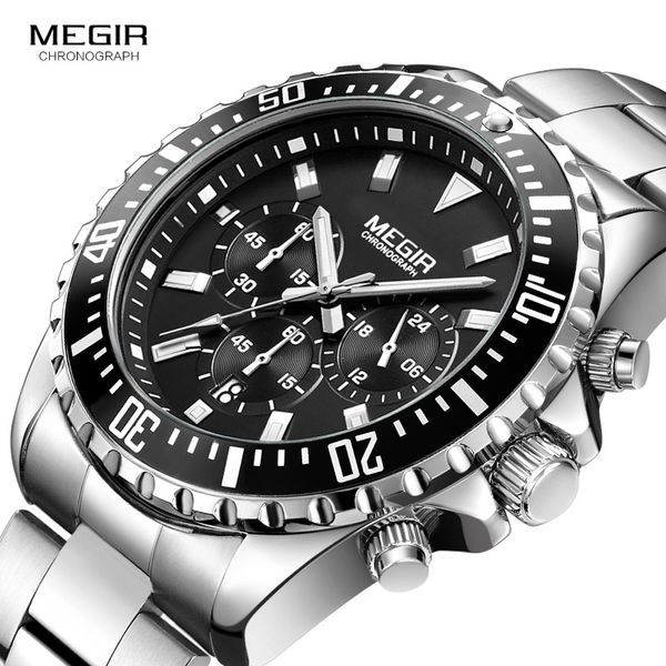 

megir man's analogue chronograph quartz watch with stainless steel bracelete luminous wristwatch for boys calendar 24-hour 2064g, Slivery;brown