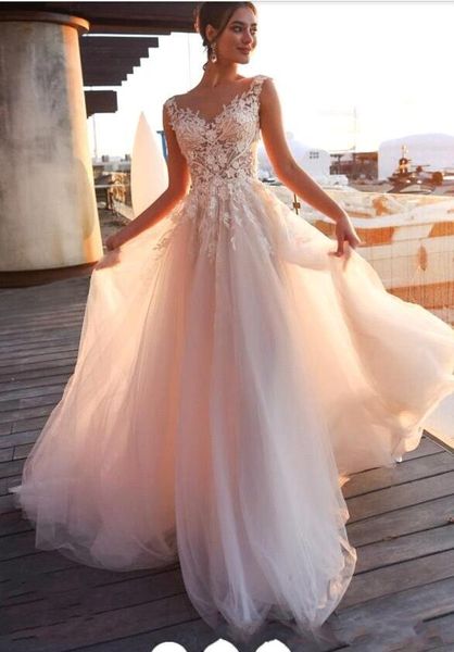 2020 new country beach champagne wedding dresses a line boho lace appliques cap sleeves illusion tulle floor length formal bridal gowns, White
2020 new country beach champagne wedding dresses a line boho lace appliques cap sleeves illusion tulle floor length formal bridal gowns, White