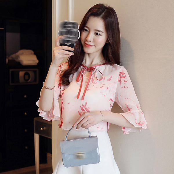 women's blouses & shirts summer floral chiffon shirt bow five-point flare sleeve women blouse, White
women's blouses & shirts summer floral chiffon shirt bow five-point flare sleeve women blouse, White