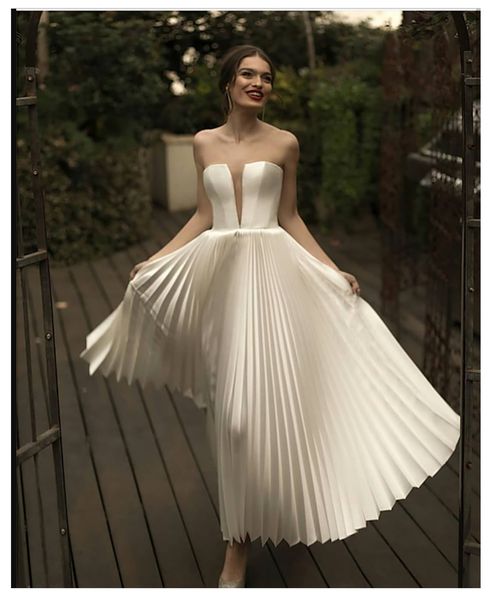 short a line wedding dress summer sleeveless satin strapless wedding gowns ankle length bride dress vestido novia, White
short a line wedding dress summer sleeveless satin strapless wedding gowns ankle length bride dress vestido novia, White