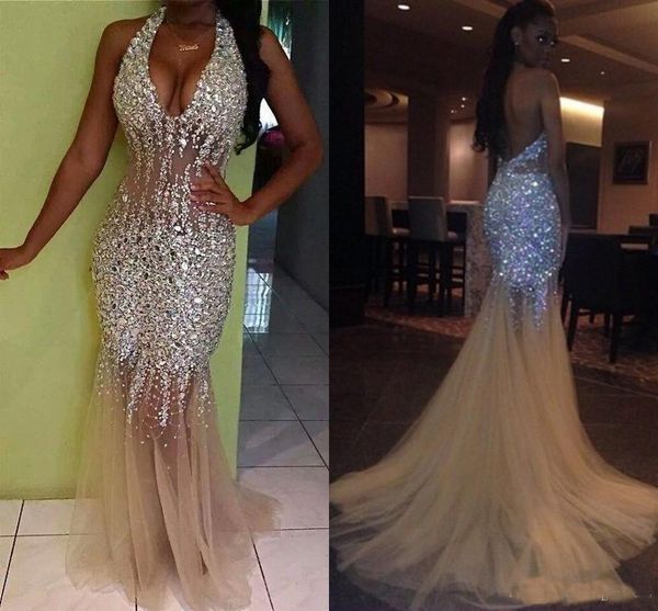 2019 Newest Sexy Bling Mermaid Prom Dresses Deep V Neck Halter Crystal Beaded Tulle See Through Backless Nude Evening Gowns Pageant Dresses
2019 Newest Sexy Bling Mermaid Prom Dresses Deep V Neck Halter Crystal Beaded Tulle See Through Backless Nude Evening Gowns Pageant Dresses
