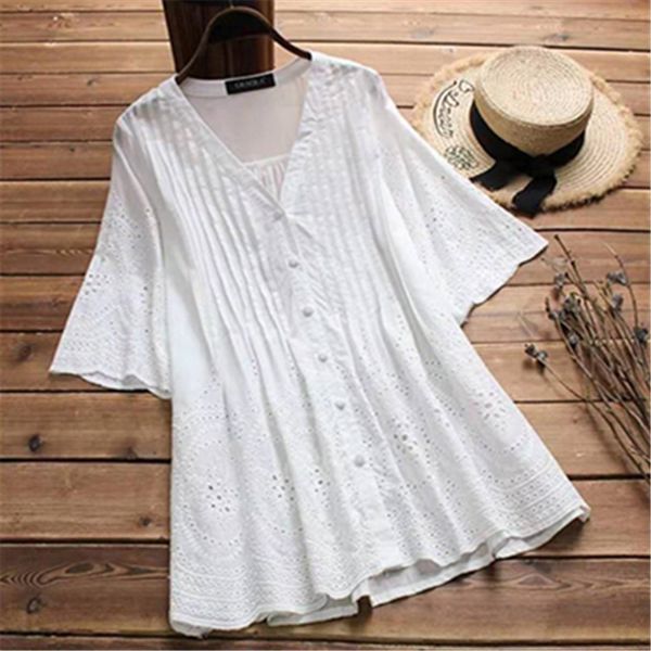 loose blouse baggy tunic hollow out button down v neck solid summer casual, White
loose blouse baggy tunic hollow out button down v neck solid summer casual, White