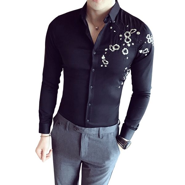 men's dress shirts 2021 spring fashion vintage embroidery mens long sleeve slim casual social camisas masculina man clothing, White;black
men's dress shirts 2021 spring fashion vintage embroidery mens long sleeve slim casual social camisas masculina man clothing, White;black