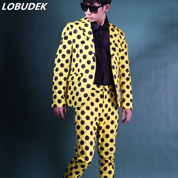 men korean style suits tide fashion black white dot blazer pants 2-piece set suit star singer stage concert performance costume, White;black
men korean style suits tide fashion black white dot blazer pants 2-piece set suit star singer stage concert performance costume, White;black
