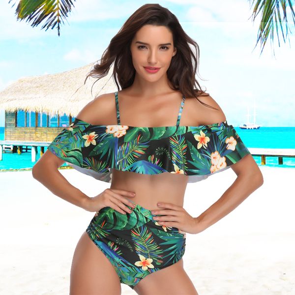 women's falbala print bikini set high waisted swimsuits bottom off shoulder ruffled flounce crop two-piece bathing suit, White;black
women's falbala print bikini set high waisted swimsuits bottom off shoulder ruffled flounce crop two-piece bathing suit, White;black