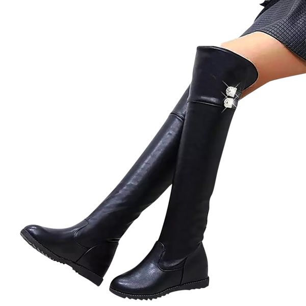 women winter over kneeth crystal pandent round toe increase heels boots, Black 
women winter over kneeth crystal pandent round toe increase heels boots, Black