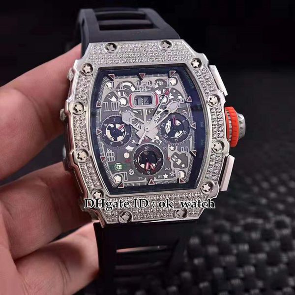 new 904l steel case diamond bezel 11-03 flyback chronograph skeleton dial miyota automatic mens watch big date black rubber strap watches, Slivery;brown
new 904l steel case diamond bezel 11-03 flyback chronograph skeleton dial miyota automatic mens watch big date black rubber strap watches, Slivery;brown