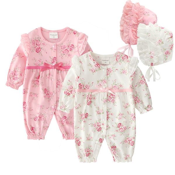 

Newborn Baby Girl Rompers Floral Kids Romper Lace Hat Infant Jumpsuit Flower Playsuit Toddler Costume Bowknot Clothes Suit, Pink