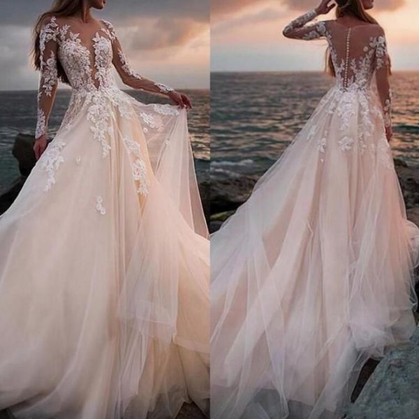 summer beach tulle wedding dress lace appliques sheer long sleeves bridal gowns with illusion back wedding gowns vestido de novia, White
summer beach tulle wedding dress lace appliques sheer long sleeves bridal gowns with illusion back wedding gowns vestido de novia, White