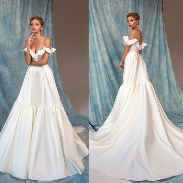 2020 bohemian wedding dresses off shoulder lace satin tiers bridal gowns custom made backless sweep train a-line wedding dress, White
2020 bohemian wedding dresses off shoulder lace satin tiers bridal gowns custom made backless sweep train a-line wedding dress, White
