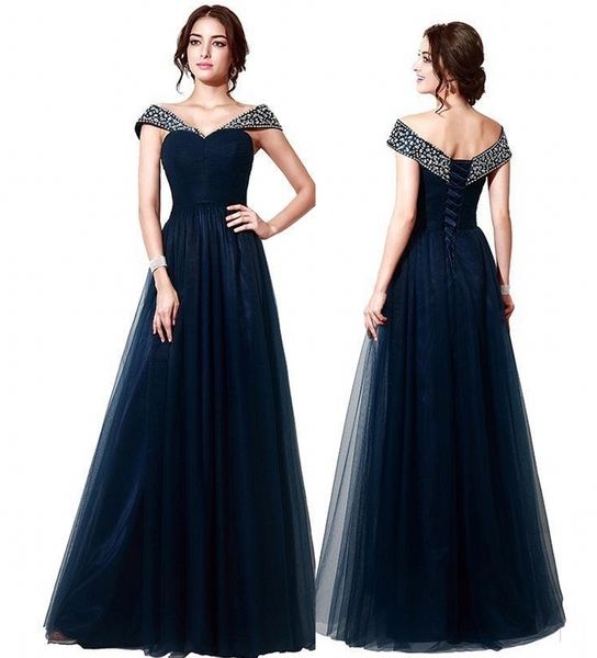 custom elegant navy blue off shoulder tulle evening dresses beaded prom dresses floor length party dress, Black;red 
custom elegant navy blue off shoulder tulle evening dresses beaded prom dresses floor length party dress, Black;red