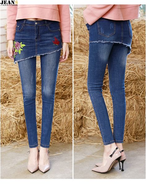 2019 autumn embroidery women jeans skirt two false pieces jeans pencil pants streetwear fashion female trousers, Blue
2019 autumn embroidery women jeans skirt two false pieces jeans pencil pants streetwear fashion female trousers, Blue