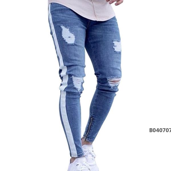 knee hole side zipper slim distressed jeans men ripped tore up jeans for men stripe pants, Blue
knee hole side zipper slim distressed jeans men ripped tore up jeans for men stripe pants, Blue