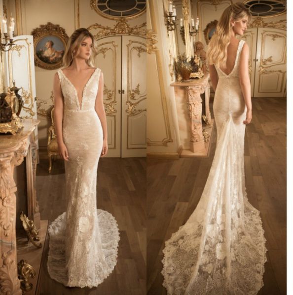 2019 julie vino mermaid wedding dresses v neck lace applique bridal gowns backless sweep train backless elegant wedding dress custom, White
2019 julie vino mermaid wedding dresses v neck lace applique bridal gowns backless sweep train backless elegant wedding dress custom, White