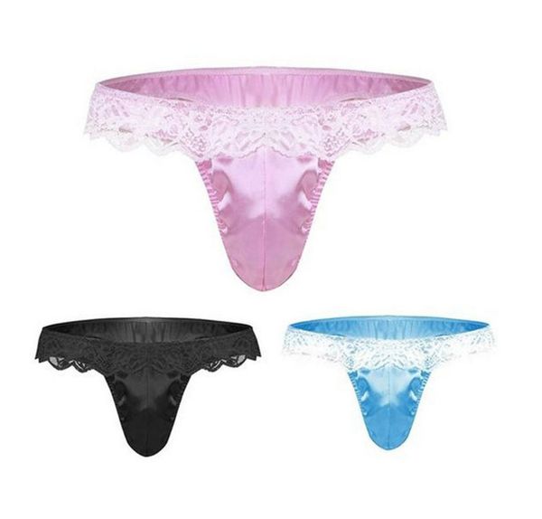 

mens thong satin underwear sissy panties lace gay men shiny fetish lingerie low rise stretchy bikini briefs, Black;pink