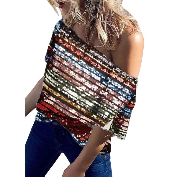 women sequins lined night club t-shirts strapless short sleeve tee fashion summer ladies top, White
women sequins lined night club t-shirts strapless short sleeve tee fashion summer ladies top, White