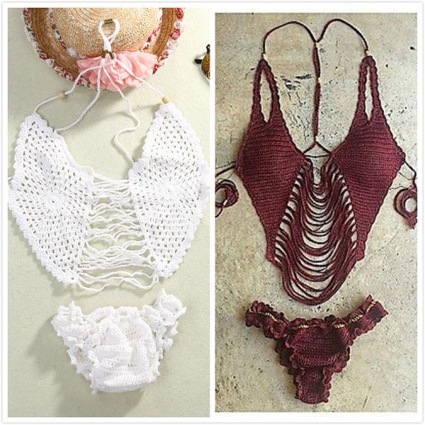 

women bikini e set bandeau push-up padded swimwear swimsuit burgundy white knitted bikini set summer beachwear