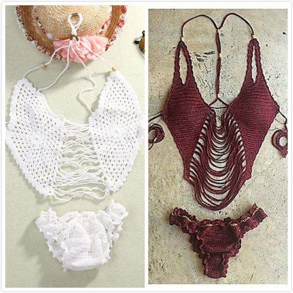 

women bikini e set bandeau push-up padded swimwear swimsuit burgundy white knitted bikini set summer beachwear