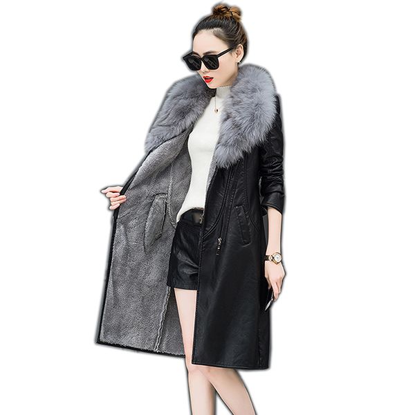 2019 autumn and winter women medium-long clothing scrub water washed leather coat large fur collar slim leather outerwear, Black
2019 autumn and winter women medium-long clothing scrub water washed leather coat large fur collar slim leather outerwear, Black