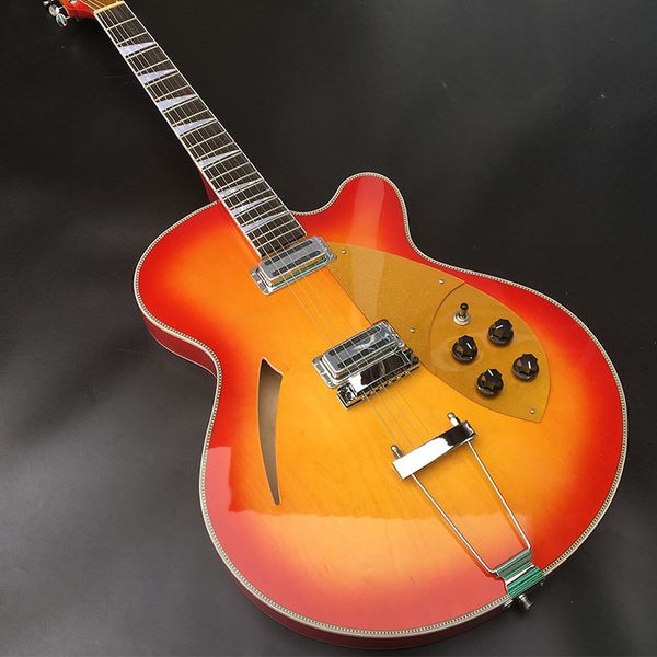 ric 330 370 6 strings cherry sunburst semi hollow body electric guitar single f hole, checkerboard binding, 2 output jacks, gold pickguard
ric 330 370 6 strings cherry sunburst semi hollow body electric guitar single f hole, checkerboard binding, 2 output jacks, gold pickguard