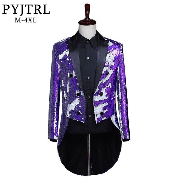pyjtrl male fashion plus size purple royal blue black double-color sequins tailcoat stage singers dj club costume mens blazer, White;black
pyjtrl male fashion plus size purple royal blue black double-color sequins tailcoat stage singers dj club costume mens blazer, White;black