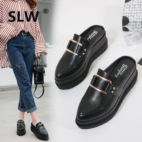 

black thick bottom muffins mules women pointed toe wedges slippers woman casual metal decorate flilp flops female spring slides