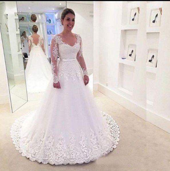 custom long sleeves lace wedding dresses 2019 with appliques court train tulle a line wedding bridal gowns, White
custom long sleeves lace wedding dresses 2019 with appliques court train tulle a line wedding bridal gowns, White