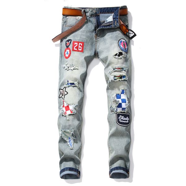 kimsere men's hi street destroyed jeans pants with patchwork streetwear vintage ripped hip hop rock denim trousers with holes, Blue
kimsere men's hi street destroyed jeans pants with patchwork streetwear vintage ripped hip hop rock denim trousers with holes, Blue