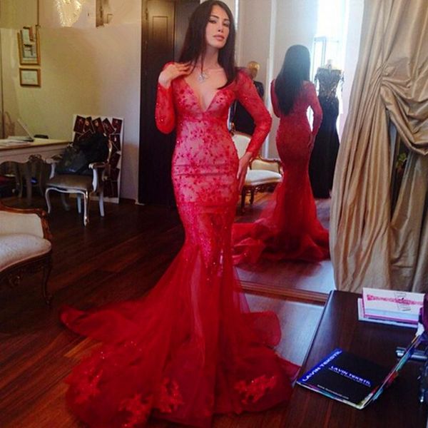 2019 red long sleeves prom dresses deep v-neck mermaid lace modest evening party gowns robe de soiree manche longue, Black
2019 red long sleeves prom dresses deep v-neck mermaid lace modest evening party gowns robe de soiree manche longue, Black