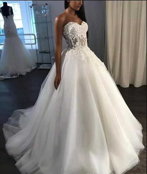 2019 sweetheart wedding dresses corset back see through waist flower sweep train lace wedding bridal gowns beach robes de mariée, White
2019 sweetheart wedding dresses corset back see through waist flower sweep train lace wedding bridal gowns beach robes de mariée, White