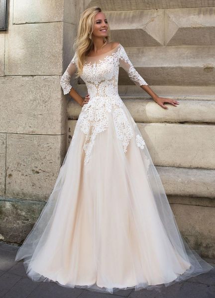 3/4 sleeves lace appliqued champagne wedding dress for bride 2019 a line dropped waist scoop bridal dresses wedding gown, White
3/4 sleeves lace appliqued champagne wedding dress for bride 2019 a line dropped waist scoop bridal dresses wedding gown, White
