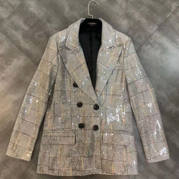 2019 early autumn new lapel long-sleeved plaid heavy work sequins suit jacket, White;black
2019 early autumn new lapel long-sleeved plaid heavy work sequins suit jacket, White;black