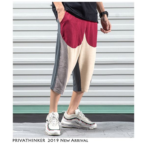 

men hip hpo patchwork joggers pants 2019 summer mens khaki linen sweatpants male korean fashions loose harem pants, Black