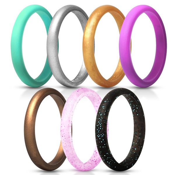 

7color pack metallic sparkling silicone wedding rings for women thin rubber wedding bands stackable ring fda silicone 27mm wid5802532, Slivery;golden