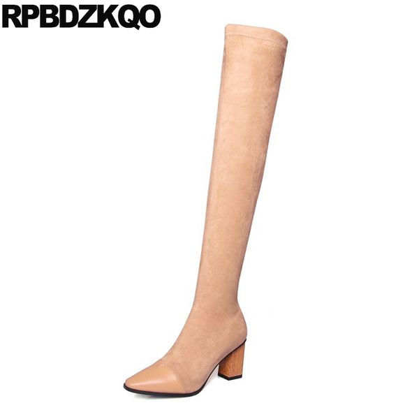 square toe stretch big size 10 chunky high heel 4 block long suede slim thigh women boots shoes over the knee luxury tall sexy, Black